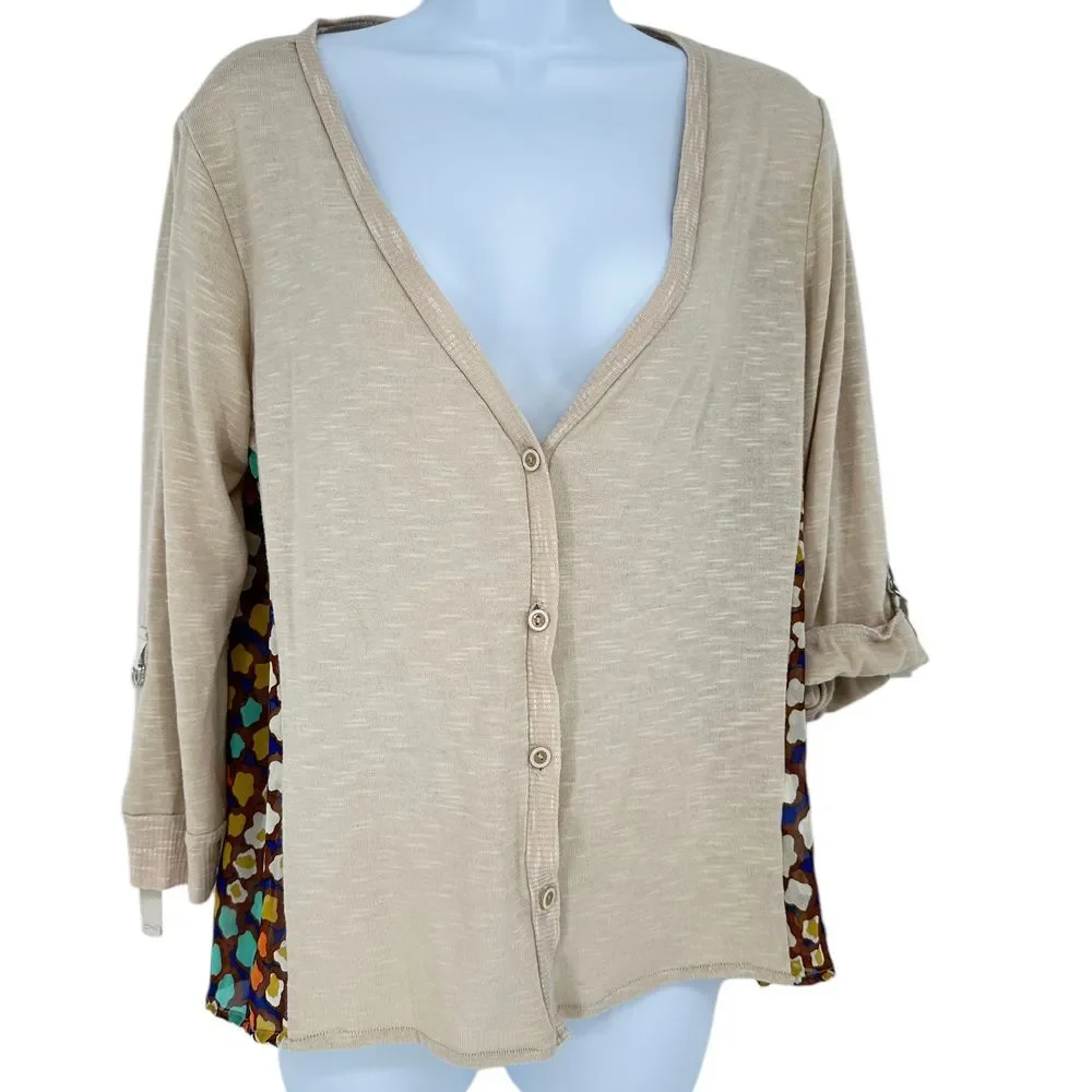 Democracy Beige Knit Chiffon Print Back Button Front Roll Tab Cardigan SZ‎ S